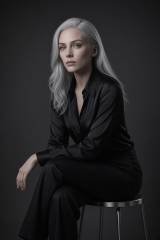 Seated on a metal stool in a silk blouse